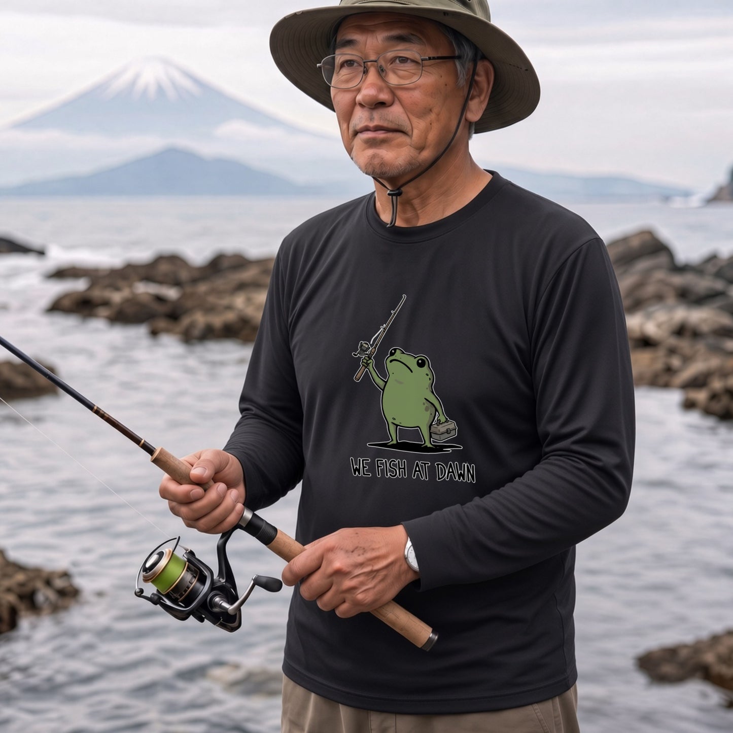 WE FISH AT DAWN | カエル 魚釣り イラスト ワンポイント かわいい 長袖Tシャツ【釣り男子・釣りガール・ルームウェア・ギフト】
