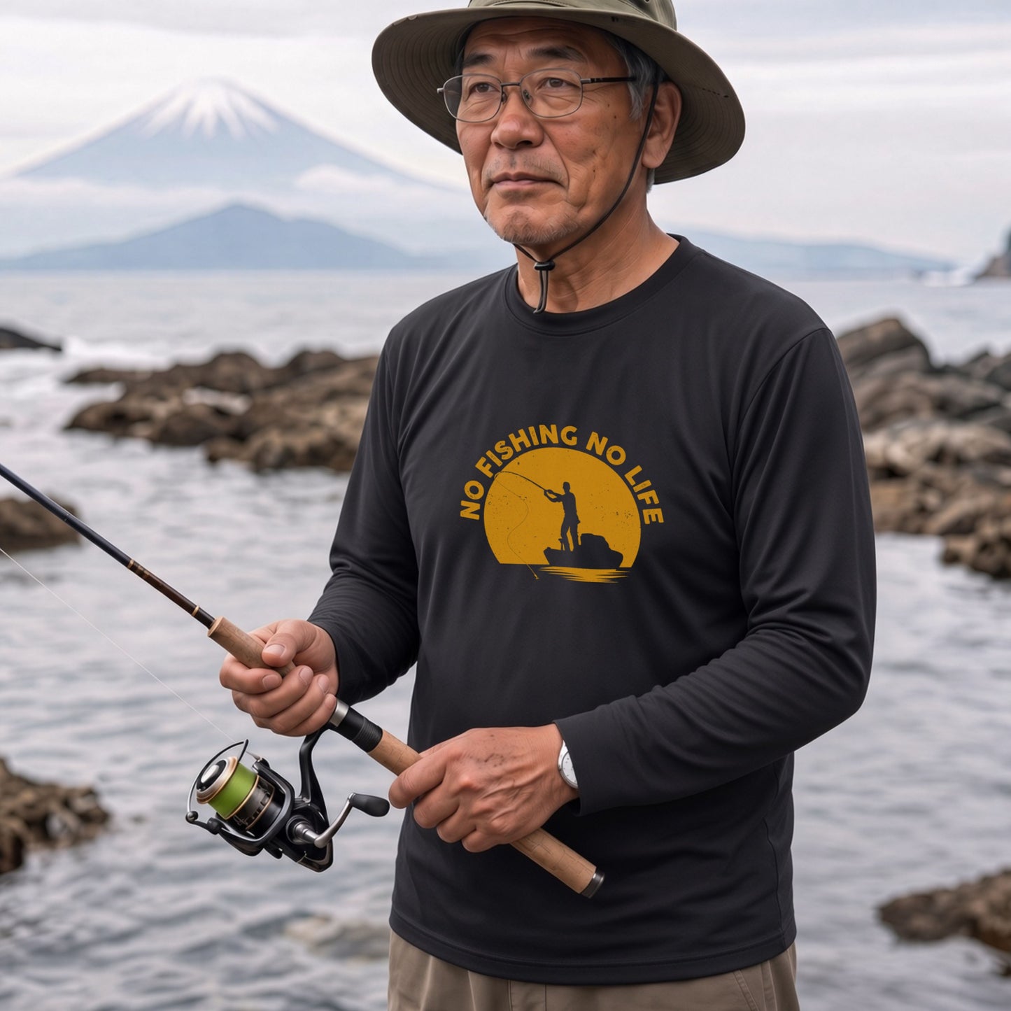 NO FISHING NO LIFE | 釣り イラスト サンセット アングラー 英字ロゴ 長袖Tシャツ【釣り好き・海釣り・バス釣り・プレゼントに最適】
