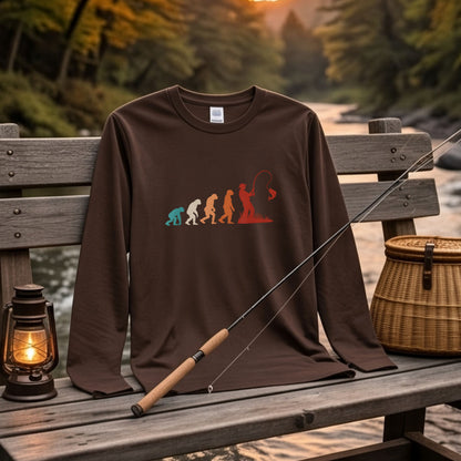EVOLUTION | 釣り人 進化 イラスト レトロ カラフル シンプル 長袖Tシャツ【釣り男子・釣りガール・ルームウェア・ギフト】