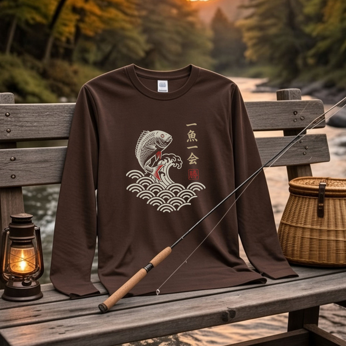 一魚一会 | 和柄 チヌ 黒鯛 波 浮世絵風 筆文字 釣り グラフィック 長袖Tシャツ【釣り雑貨・海釣り・磯釣り・カジュアル・ギフトに最適】
