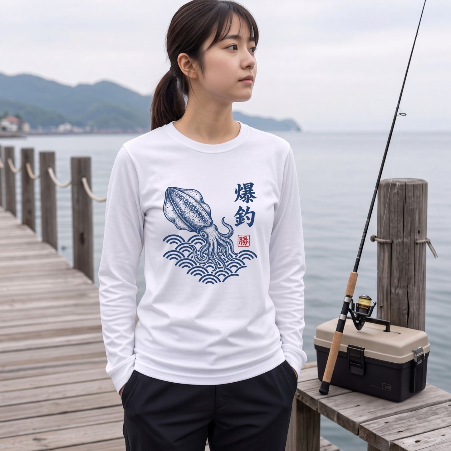 爆釣祈願 | 和柄 アオリイカ 烏賊 エギング 波 浮世絵風 筆文字 釣り グラフィック 長袖Tシャツ【釣り雑貨・海釣り・エギング・カジュアル・ギフトに最適】