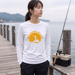 NO FISHING NO LIFE | 釣り イラスト サンセット アングラー 英字ロゴ 長袖Tシャツ【釣り好き・海釣り・バス釣り・プレゼントに最適】