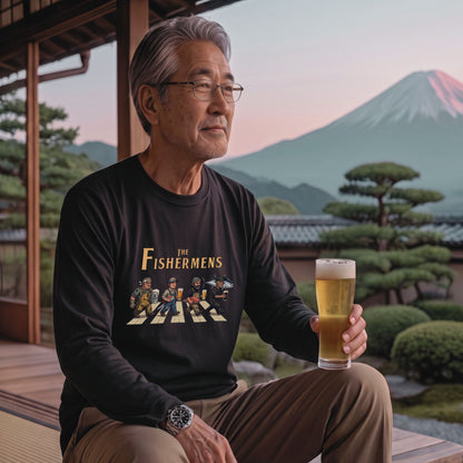 THE FISHERMENS | 海の男たち 巨大マグロ 乾杯ビール ロック名盤オマージュ グラフィック 長袖Tシャツ【おもしろ雑貨・普段着・宴会・ユニセックス・ギフトに最適】