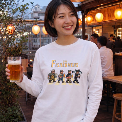 THE FISHERMENS | 海の男たち 巨大マグロ 乾杯ビール ロック名盤オマージュ グラフィック 長袖Tシャツ【おもしろ雑貨・普段着・宴会・ユニセックス・ギフトに最適】