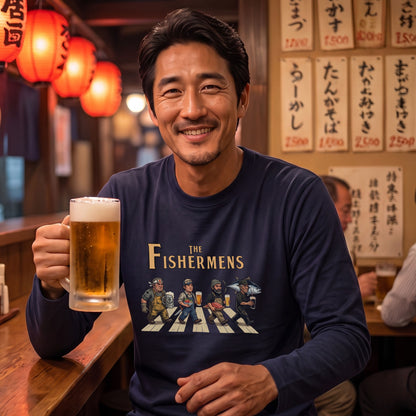 THE FISHERMENS | 海の男たち 巨大マグロ 乾杯ビール ロック名盤オマージュ グラフィック 長袖Tシャツ【おもしろ雑貨・普段着・宴会・ユニセックス・ギフトに最適】