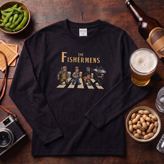 THE FISHERMENS | 海の男たち 巨大マグロ 乾杯ビール ロック名盤オマージュ グラフィック 長袖Tシャツ【おもしろ雑貨・普段着・宴会・ユニセックス・ギフトに最適】