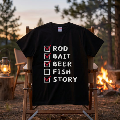 【ROD, BAIT, BEER, FISH, STORY】おもしろ 釣りチェックリスト黒Tシャツ | CASTMODE