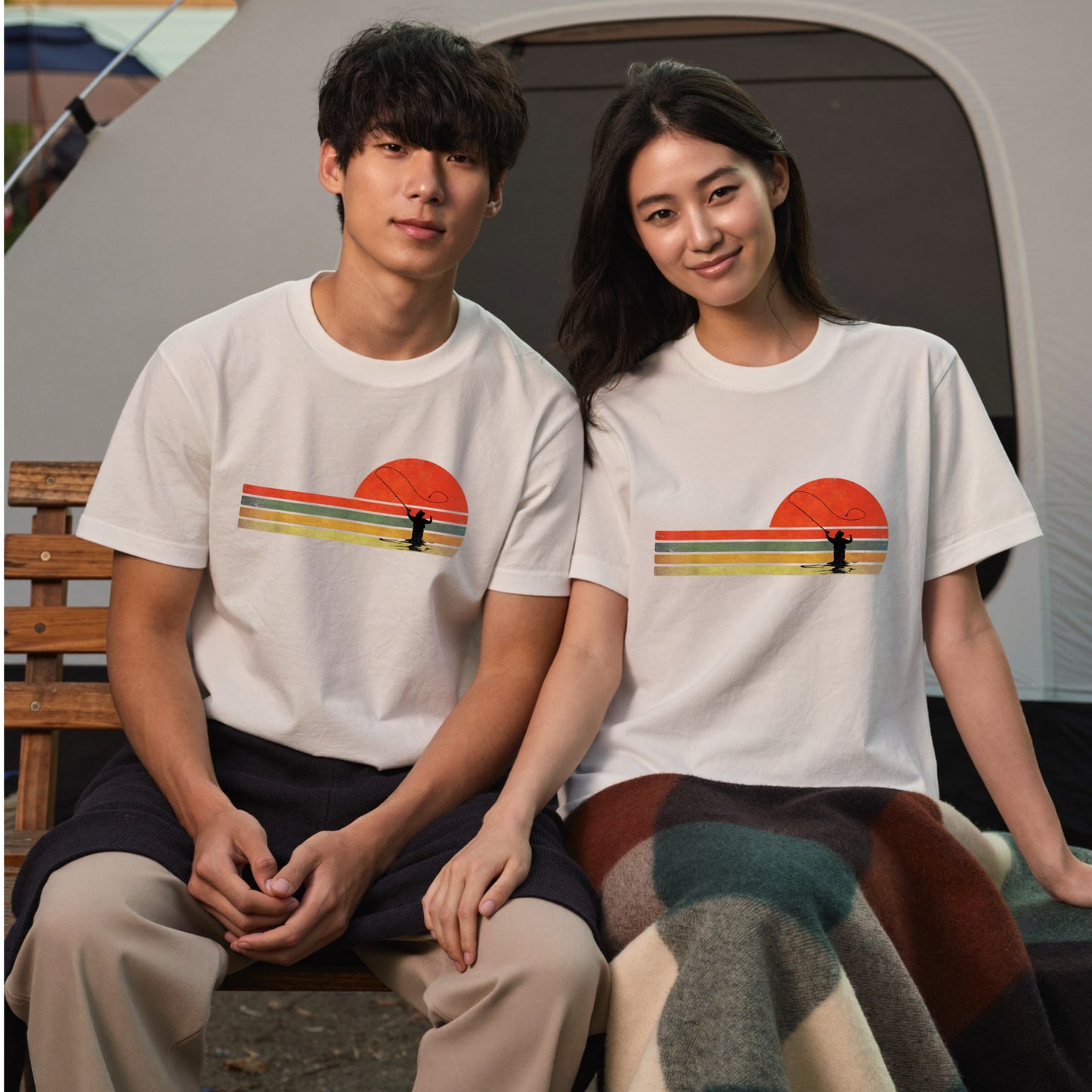 【70sレトロサンセット】ボーダーライン×フライフィッシング黒Tシャツ | CASTMODE