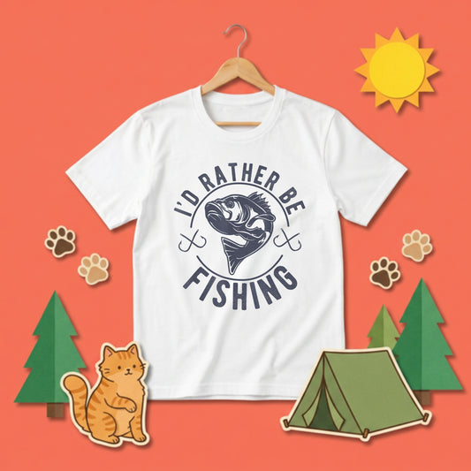 【I'D RATHER BE FISHING】ヴィンテージ風 ブラックバス 釣りイラスト白Tシャツ | CASTMODE