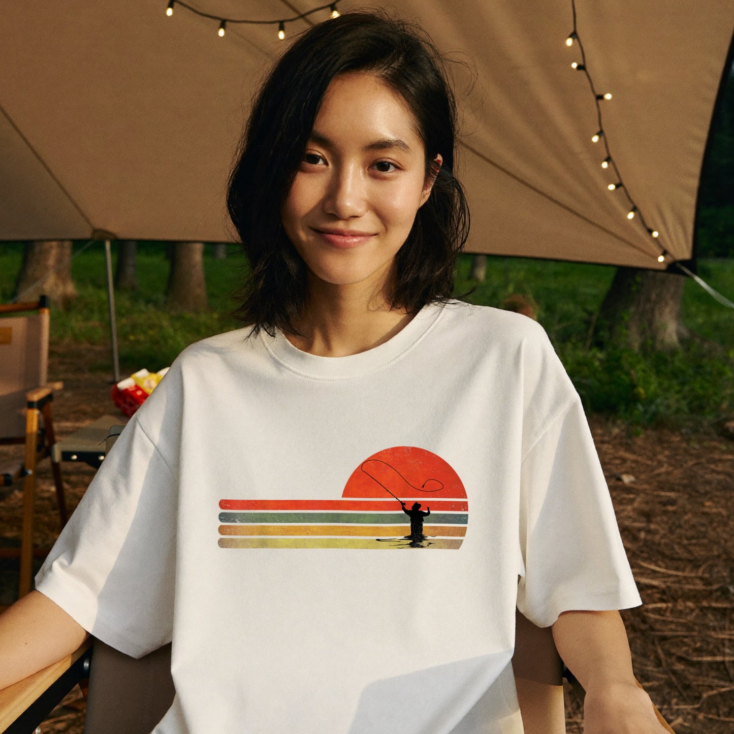 【70sレトロサンセット】ボーダーライン×フライフィッシング黒Tシャツ | CASTMODE