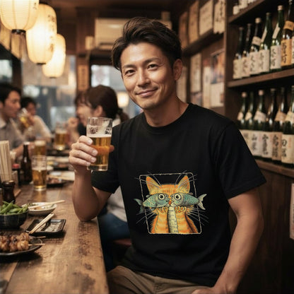 【魚メガネ茶トラ猫】シュールで可愛いお魚メガネ猫 イラスト黒Tシャツ | CASTMODE