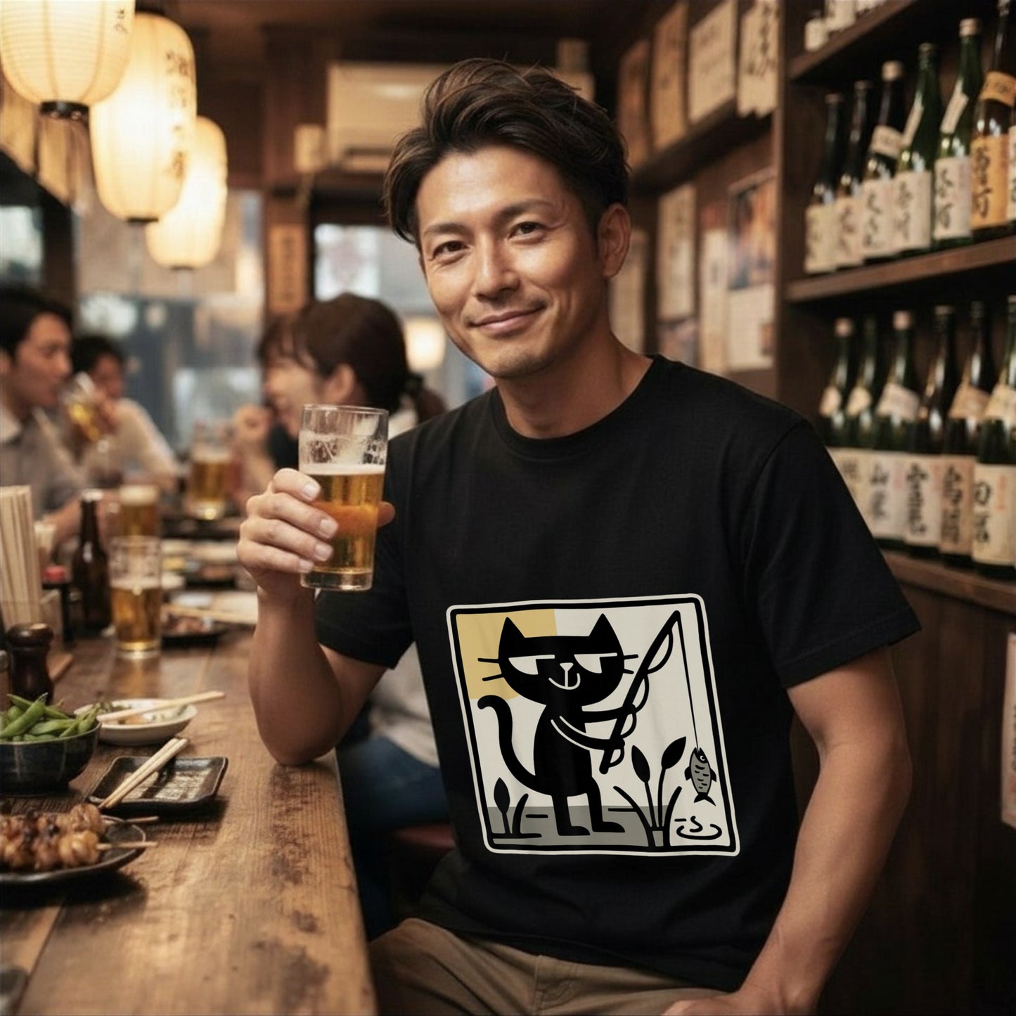 【レトロ黒猫×釣り】ミッドセンチュリー風 黒猫フィッシング アート黒Tシャツ | CASTMODE
