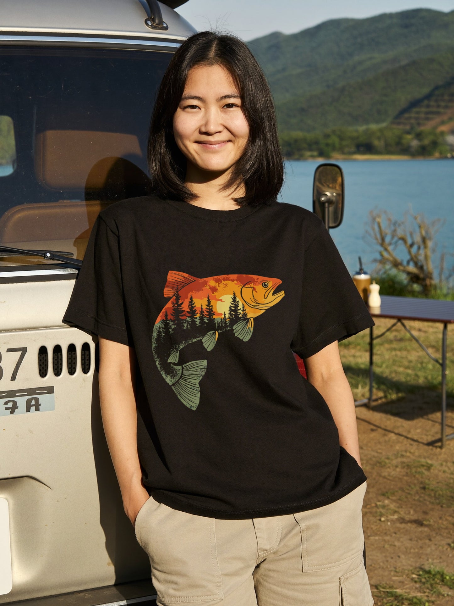 【トラウト×森林サンセット】二重露光風 ネイチャーアート黒Tシャツ | CASTMODE