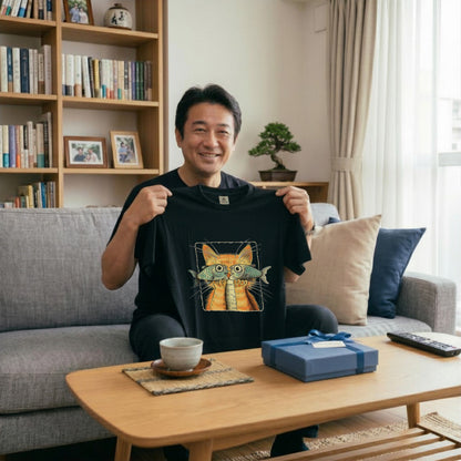 【魚メガネ茶トラ猫】シュールで可愛いお魚メガネ猫 イラスト黒Tシャツ | CASTMODE