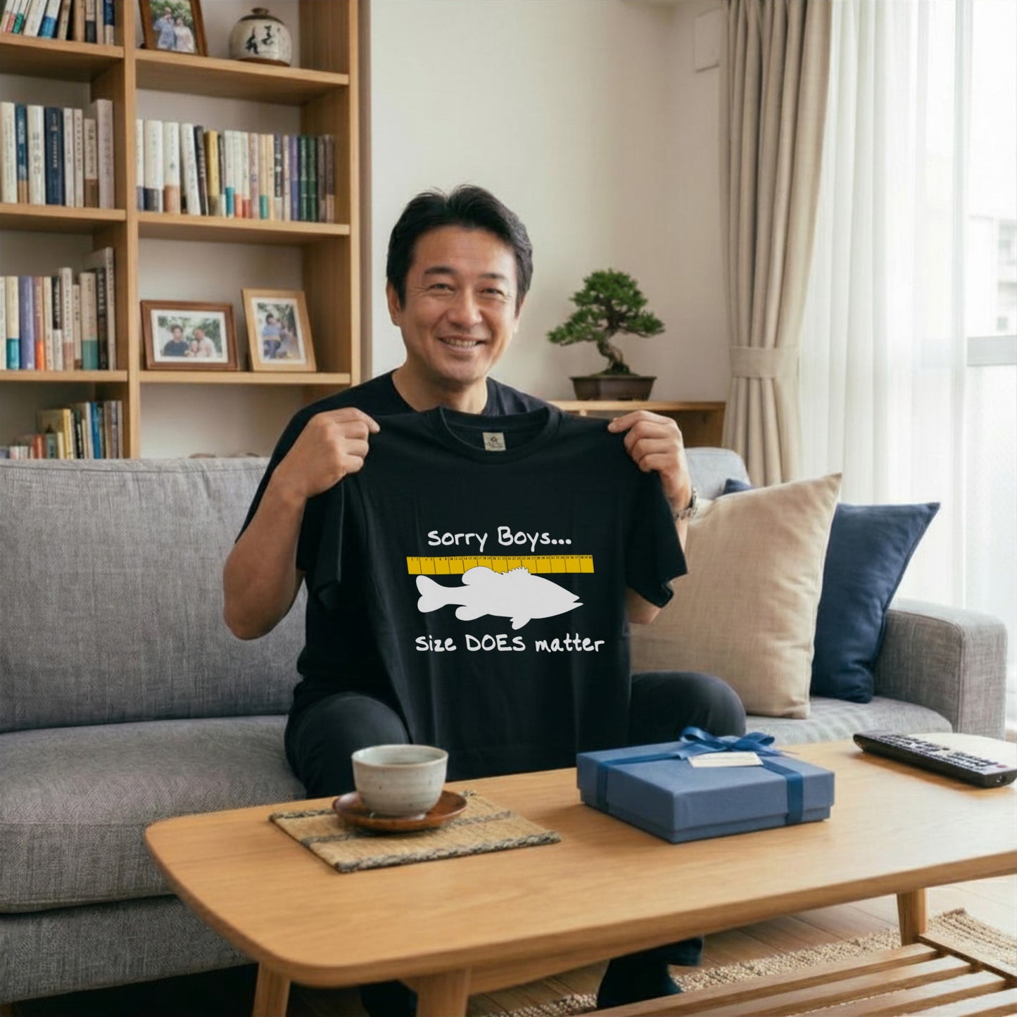【Sorry Boys... Size DOES matter】おもしろ 釣りジョーク黒Tシャツ | CASTMODE