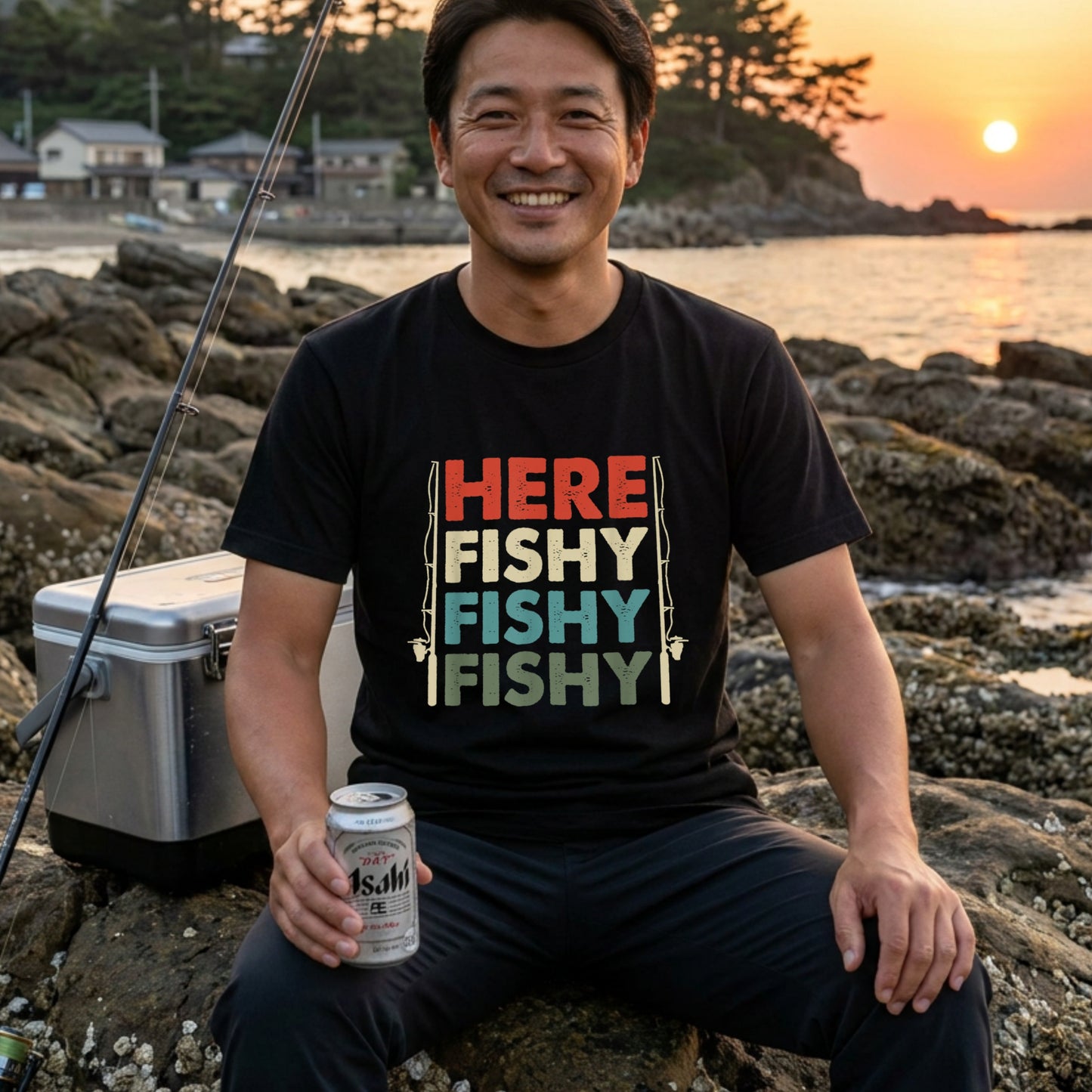 「HERE FISHY FISHY FISHY」釣り Tシャツ - ヴィンテージ ロッド イラスト | 釣り 服 | CASTMODE