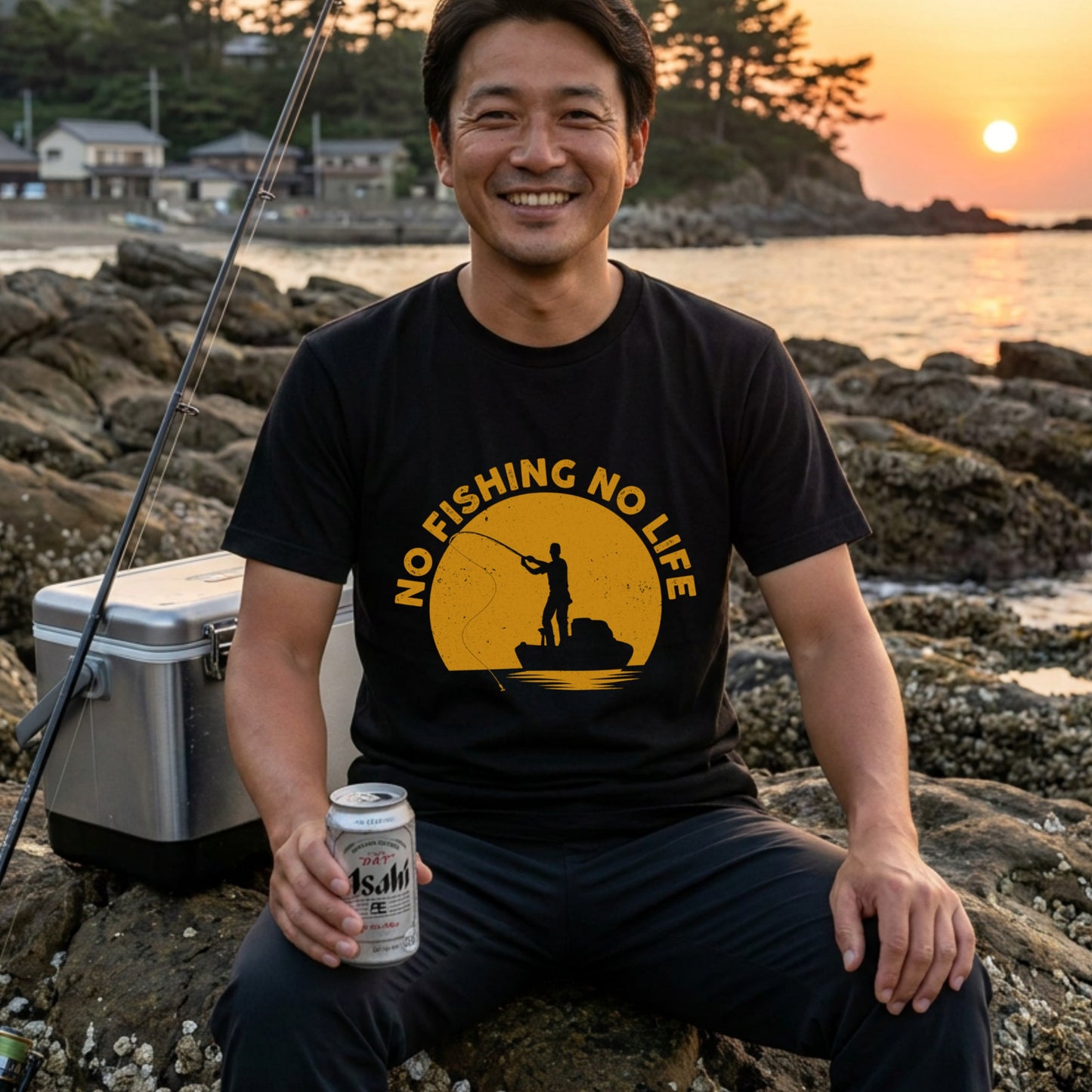 「NO FISHING NO LIFE」夕日 船釣り Tシャツ - かっこいい 釣り 服 | CASTMODE