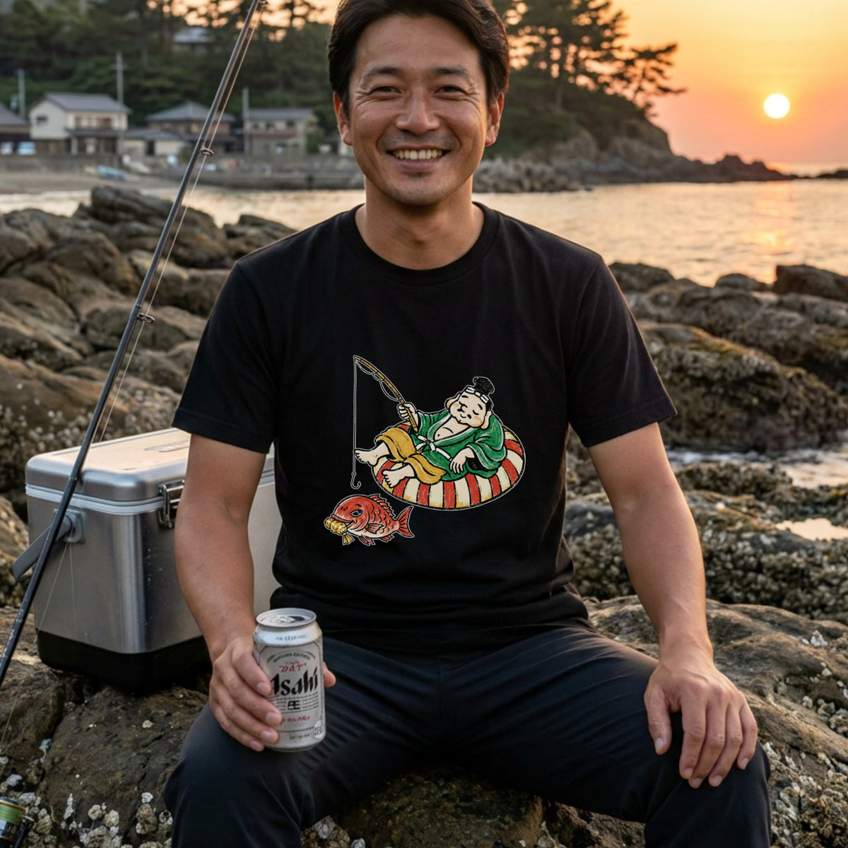 EBISU SUMMER | 手描き風 恵比寿様 釣り タイ バカンス グラフィック Tシャツ【和風レトロ・釣り人・普段着・オシャレ・ギフトに最適】