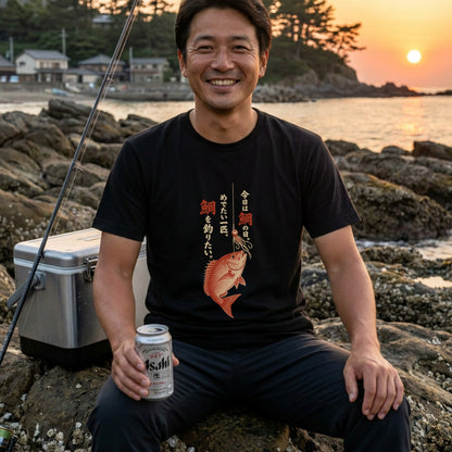 めでたい一匹 | 鯛釣り 筆文字デザイン 鯛ラバ仕掛け 和風 魚グラフィック Tシャツ【釣りウェア・アウトドア・普段着・オシャレ・ギフトに最適】