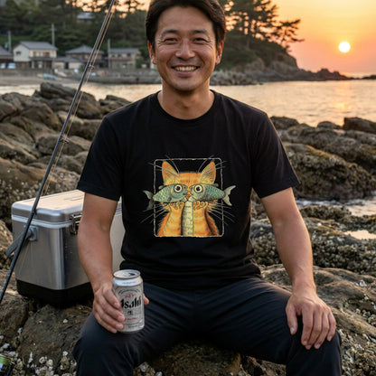 【魚メガネ茶トラ猫】シュールで可愛いお魚メガネ猫 イラスト黒Tシャツ | CASTMODE