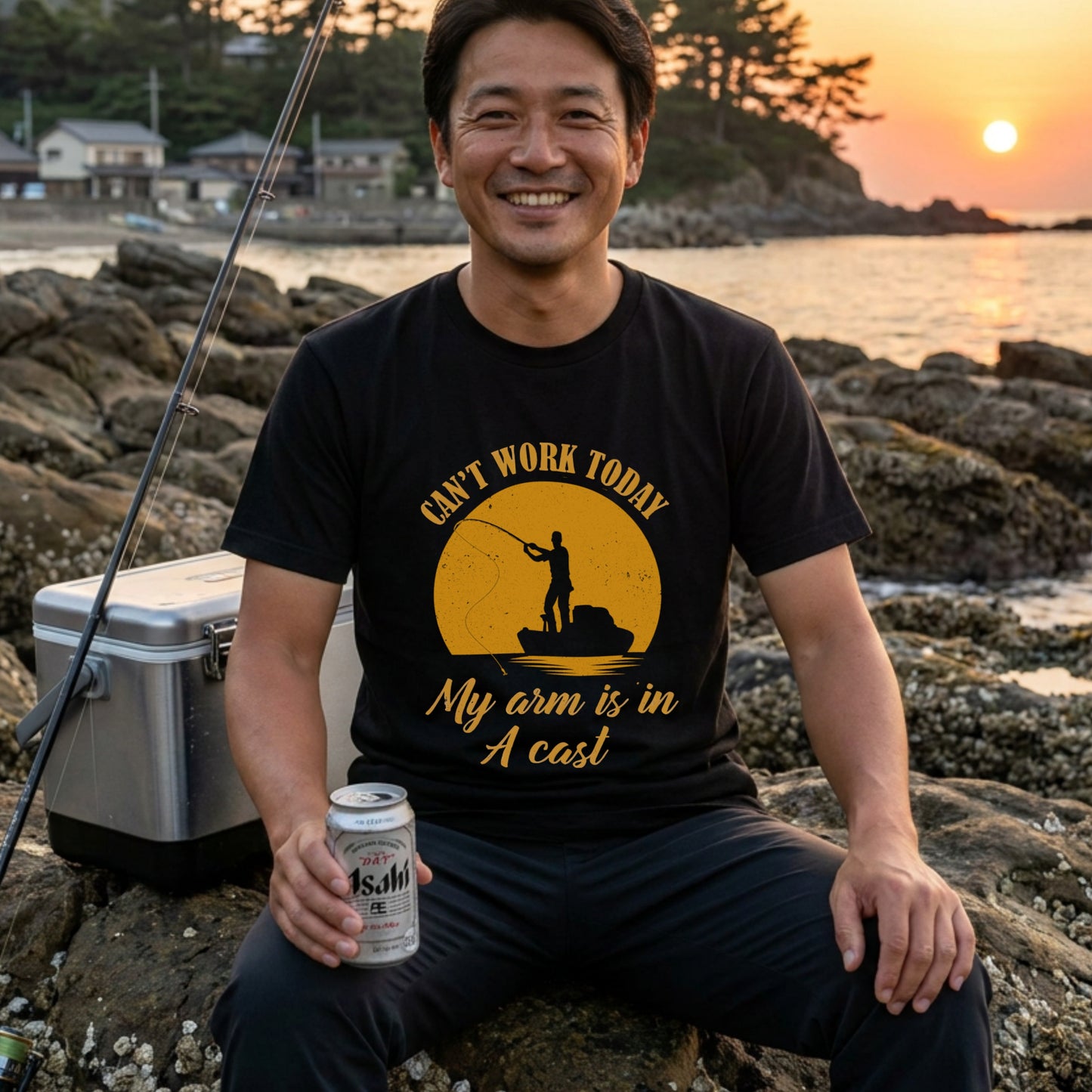 CAN'T WORK TODAY 釣りダジャレ英字 サンセット黒Tシャツ | CASTMODE