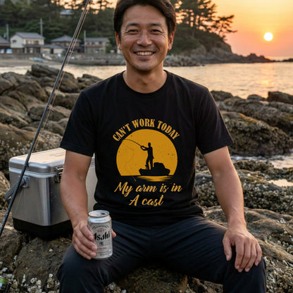 CAN'T WORK TODAY 釣りダジャレ英字 サンセット黒Tシャツ | CASTMODE