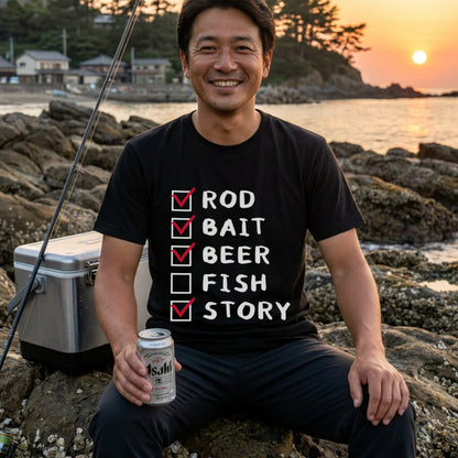 【ROD, BAIT, BEER, FISH, STORY】おもしろ 釣りチェックリスト黒Tシャツ | CASTMODE