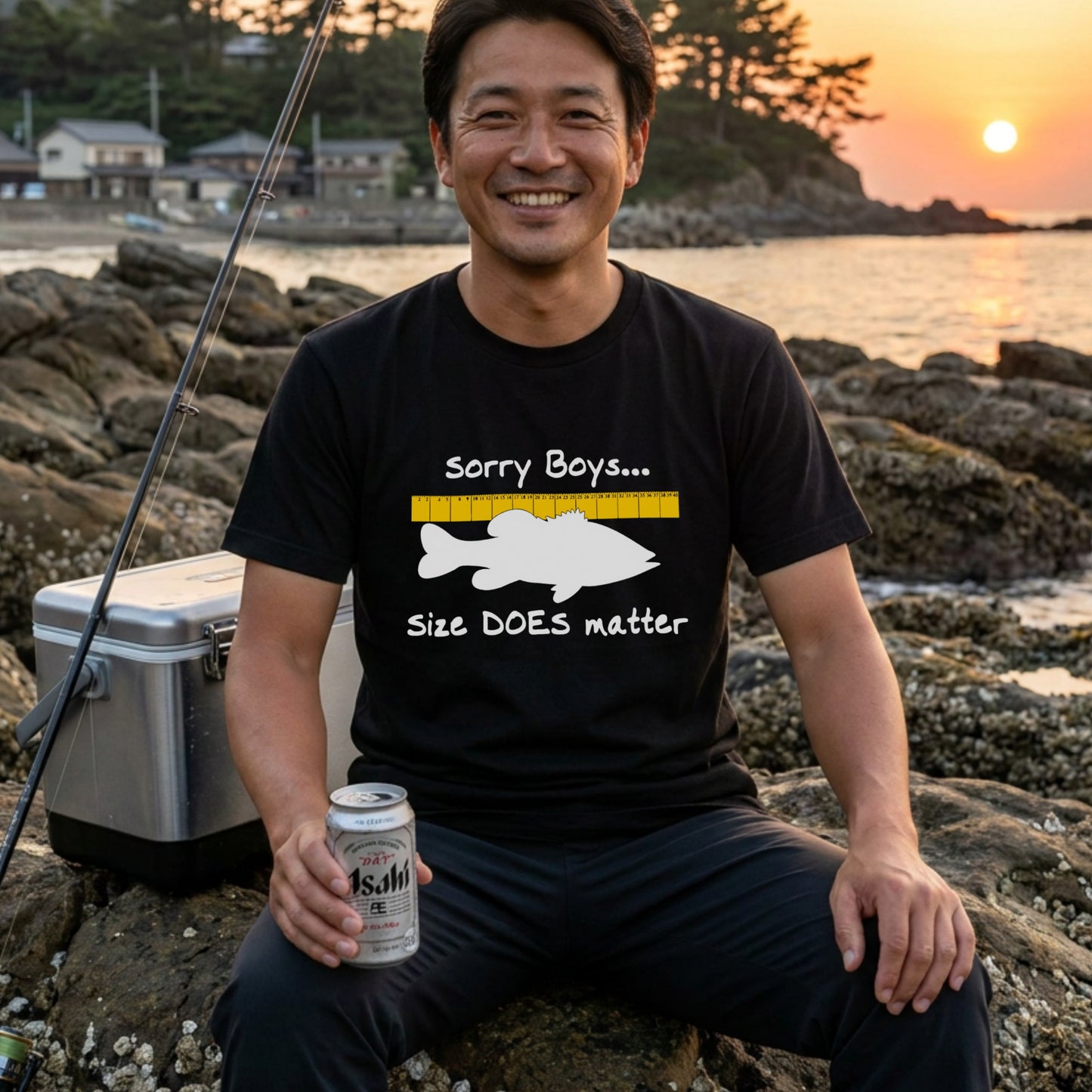 【Sorry Boys... Size DOES matter】おもしろ 釣りジョーク黒Tシャツ | CASTMODE