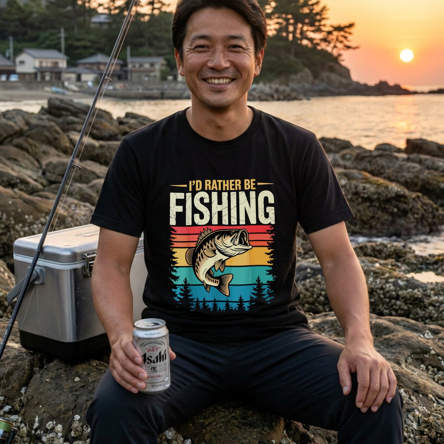 「I'D RATHER BE FISHING」レトロサンセット ブラックバスTシャツ | CASTMODE