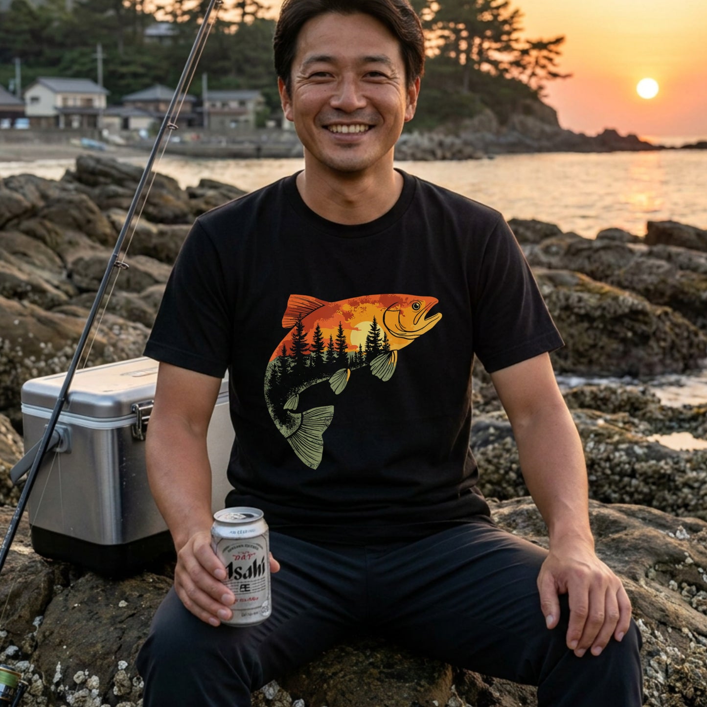 【トラウト×森林サンセット】二重露光風 ネイチャーアート黒Tシャツ | CASTMODE