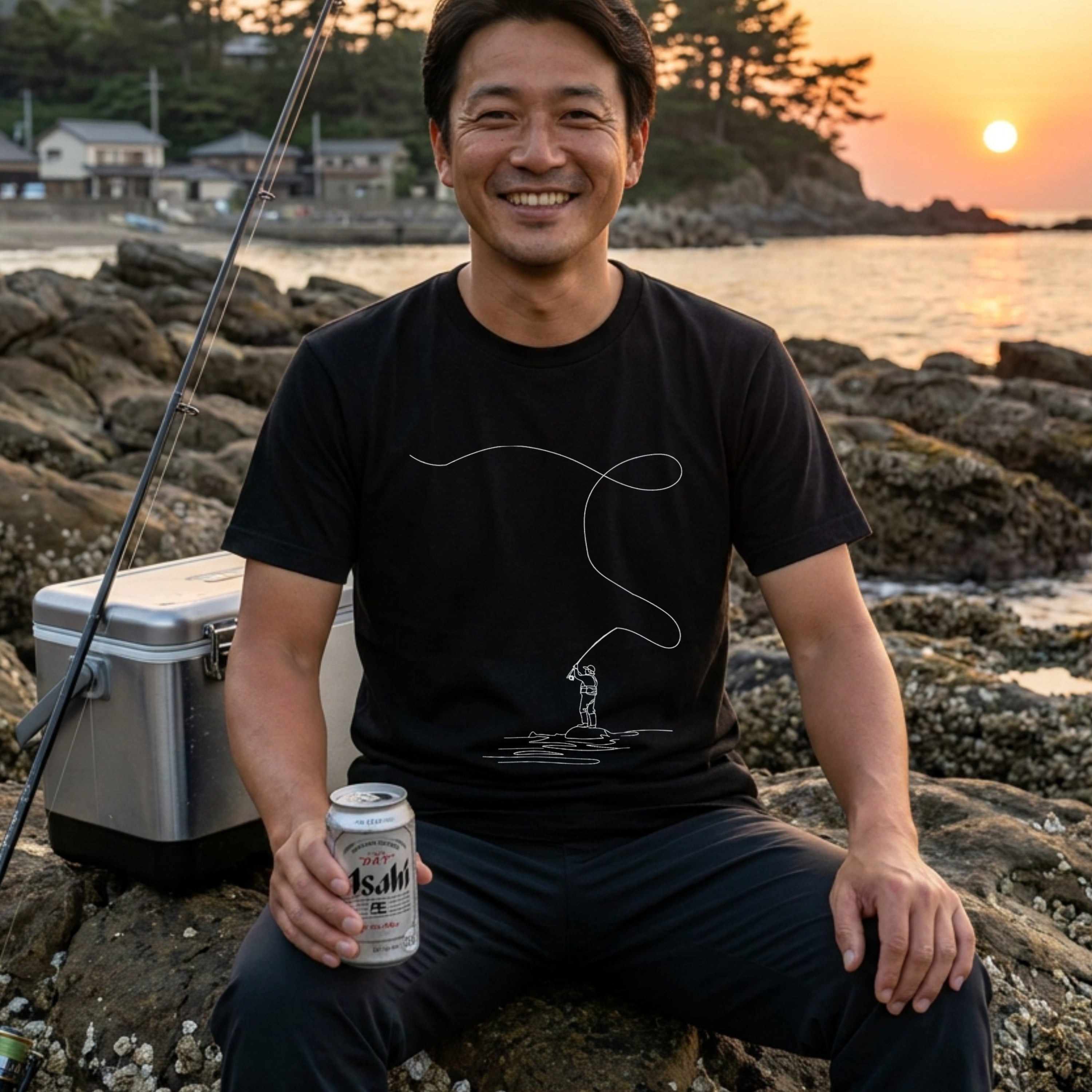 Fly Line Casting」一筆描きアート メンズ フィッシングTシャツ