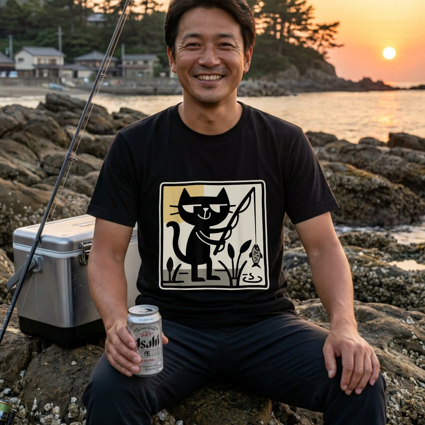 【レトロ黒猫×釣り】ミッドセンチュリー風 黒猫フィッシング アート黒Tシャツ | CASTMODE