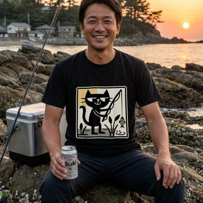 【レトロ黒猫×釣り】ミッドセンチュリー風 黒猫フィッシング アート黒Tシャツ | CASTMODE