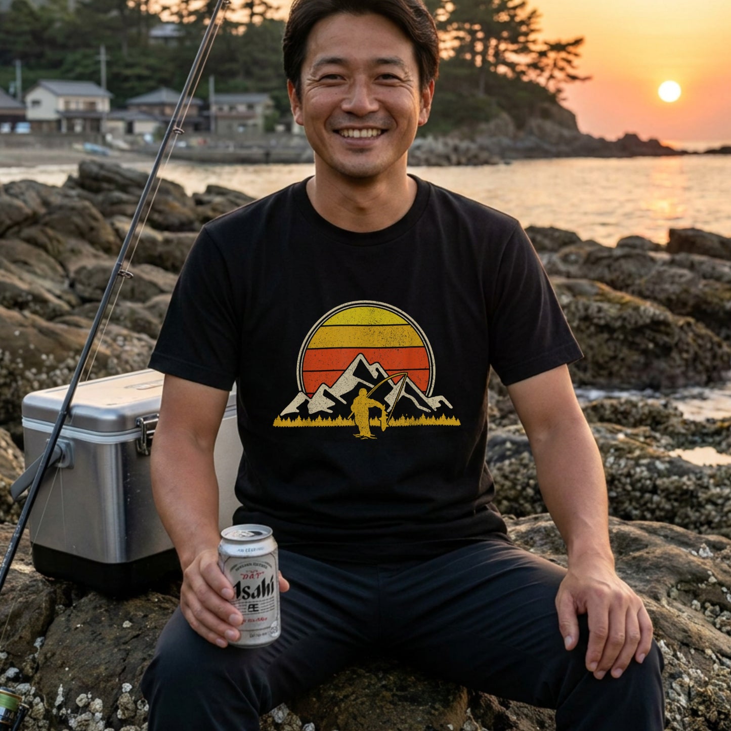 【ヴィンテージ風】山脈×サンセット 渓流釣り アングラー アート黒Tシャツ | CASTMODE