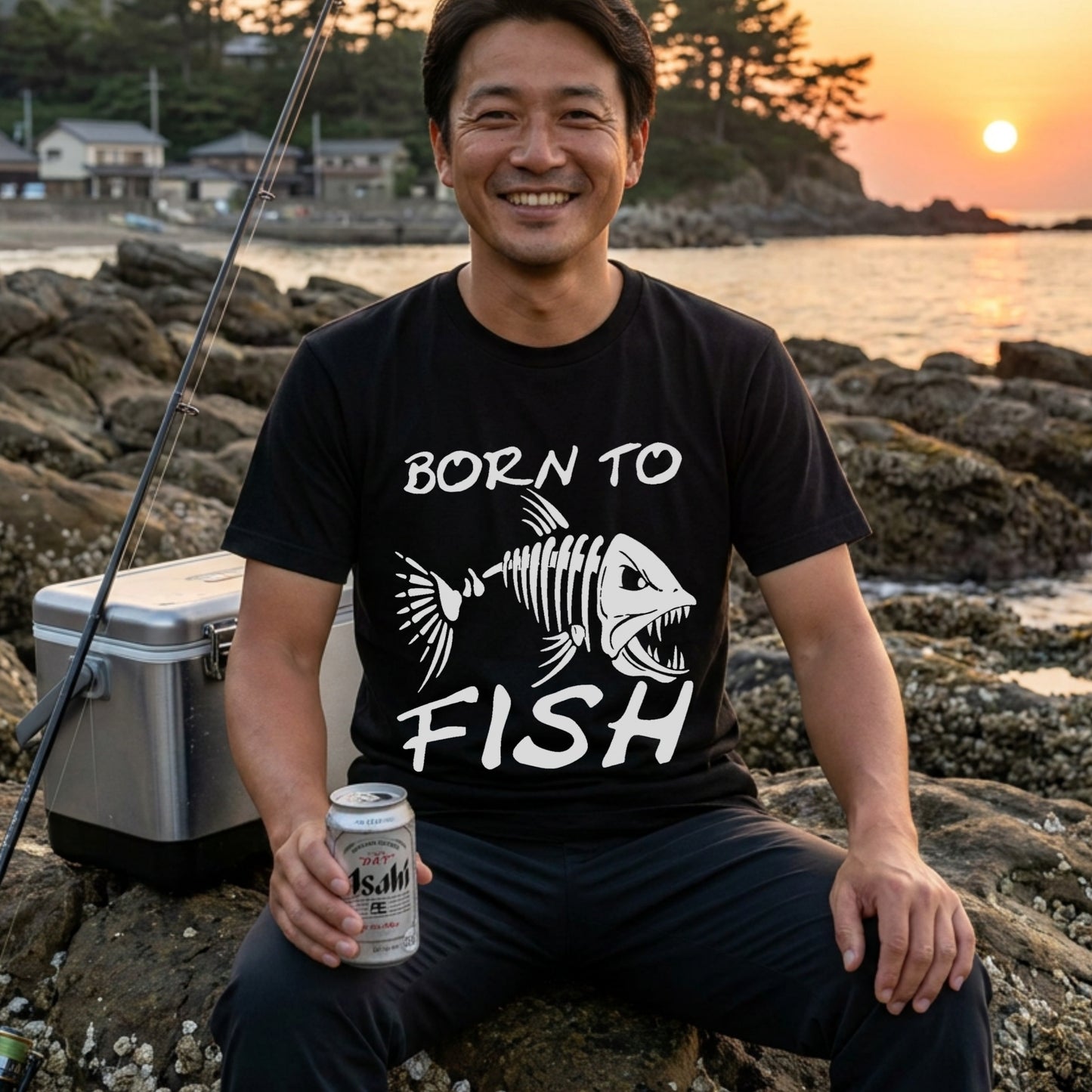「BORN TO FISH」フィッシュスカル（魚骨）ストリート風黒Tシャツ | CASTMODE