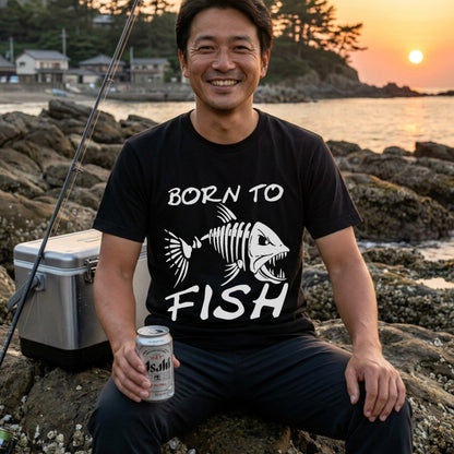 「BORN TO FISH」フィッシュスカル（魚骨）ストリート風黒Tシャツ | CASTMODE