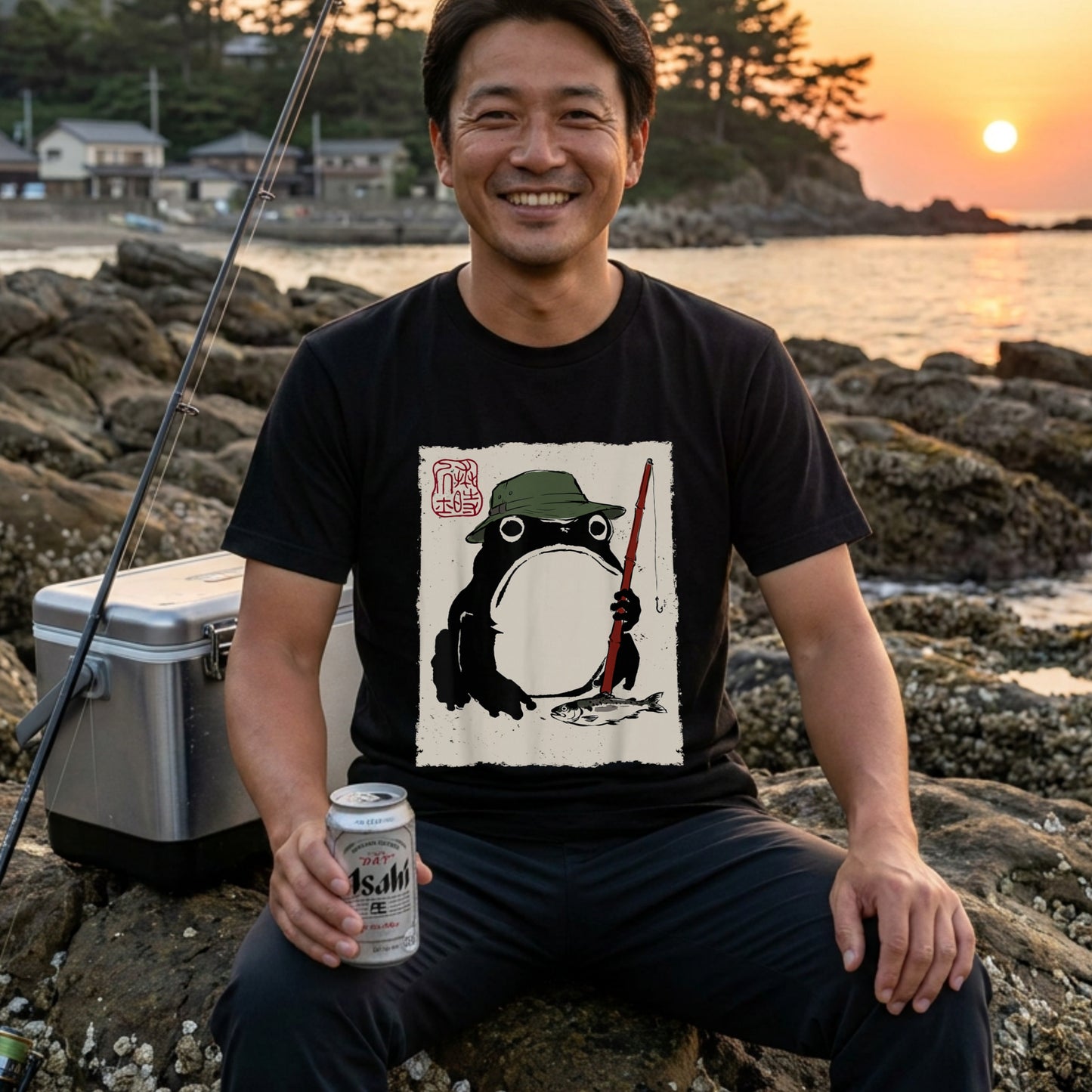 「Japanese Frog Angler」和モダン カエル絵図 Tシャツ