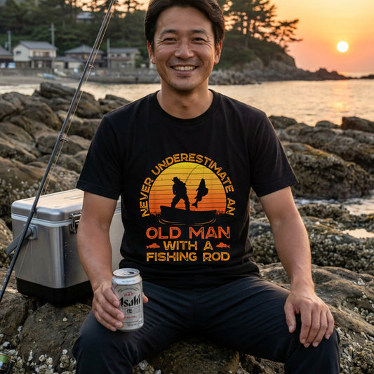 Never Underestimate An Old Man With A Fishing Rod ヴィンテージ風 釣り黒Tシャツ | CASTMODE