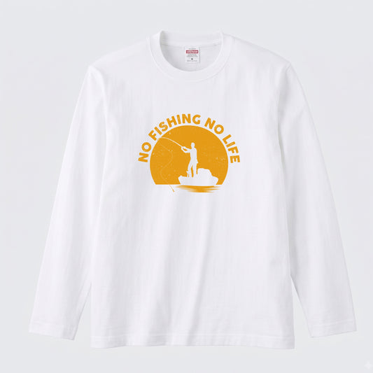 NO FISHING NO LIFE | 釣り イラスト サンセット アングラー 英字ロゴ 長袖Tシャツ【釣り好き・海釣り・バス釣り・プレゼントに最適】