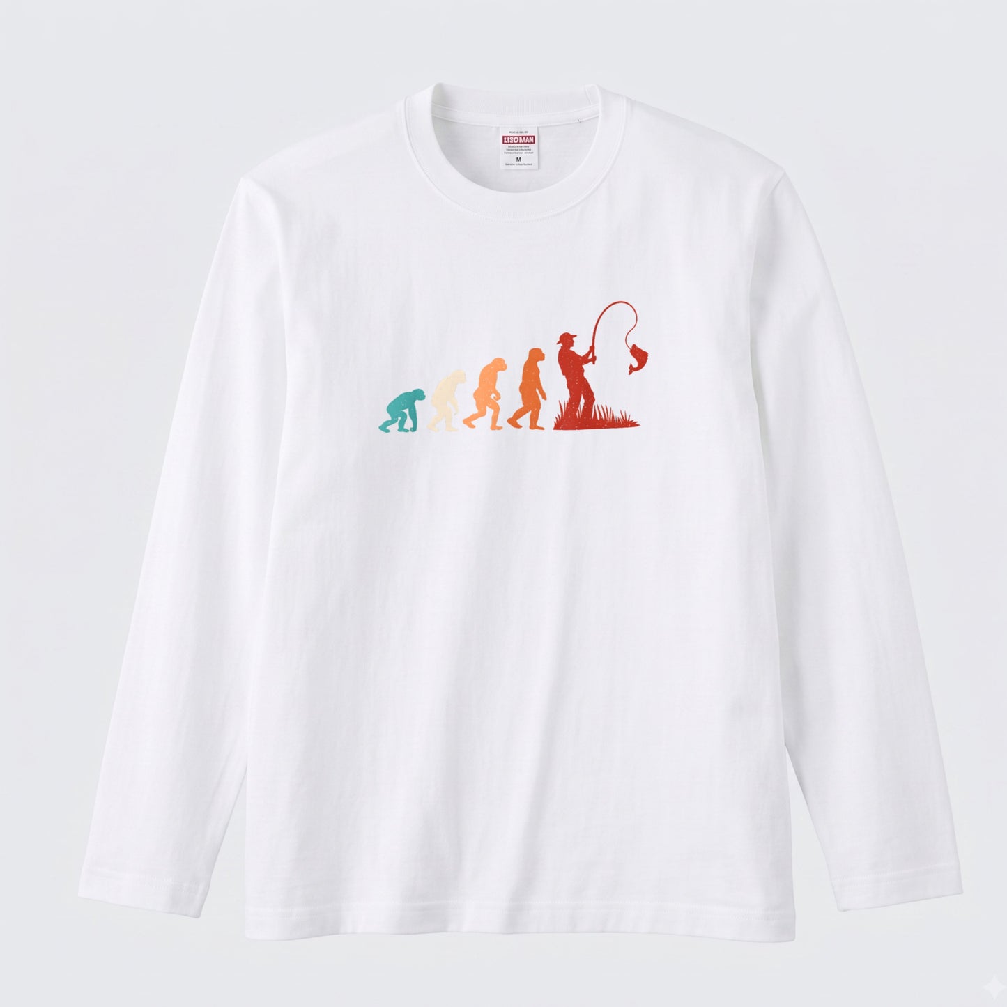 EVOLUTION | 釣り人 進化 イラスト レトロ カラフル シンプル 長袖Tシャツ【釣り男子・釣りガール・ルームウェア・ギフト】