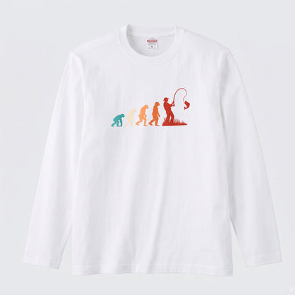 EVOLUTION | 釣り人 進化 イラスト レトロ カラフル シンプル 長袖Tシャツ【釣り男子・釣りガール・ルームウェア・ギフト】
