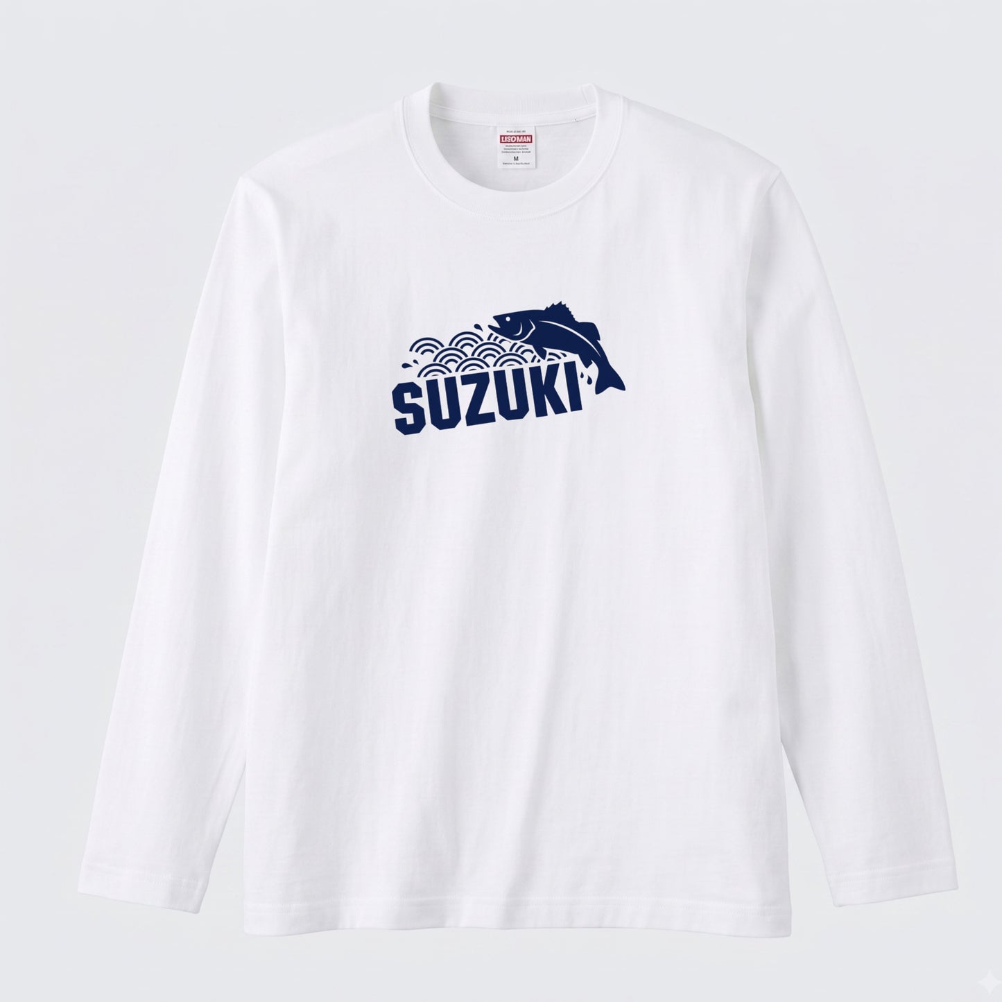 SUZUKI | スズキ 魚 和柄 波 イラスト 英字 ワンポイント 長袖Tシャツ【釣り男子・釣りガール・ストリート・ギフト】