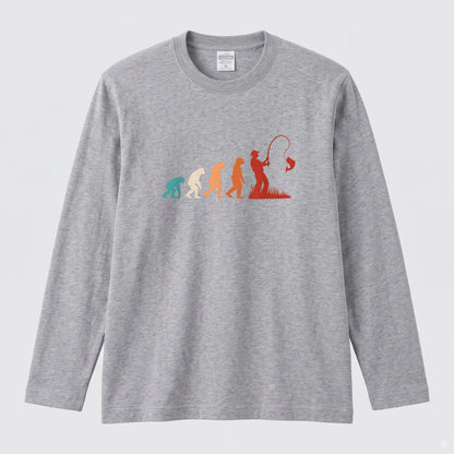 EVOLUTION | 釣り人 進化 イラスト レトロ カラフル シンプル 長袖Tシャツ【釣り男子・釣りガール・ルームウェア・ギフト】
