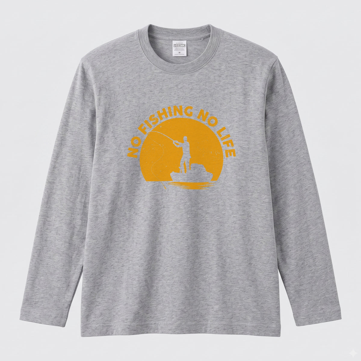 NO FISHING NO LIFE | 釣り イラスト サンセット アングラー 英字ロゴ 長袖Tシャツ【釣り好き・海釣り・バス釣り・プレゼントに最適】