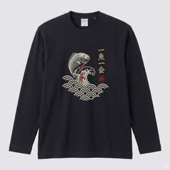 一魚一会 | 和柄 チヌ 黒鯛 波 浮世絵風 筆文字 釣り グラフィック 長袖Tシャツ【釣り雑貨・海釣り・磯釣り・カジュアル・ギフトに最適】