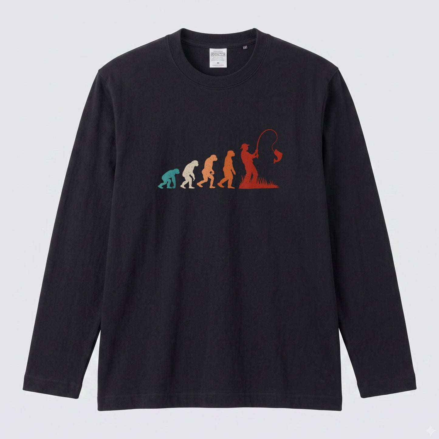 EVOLUTION | 釣り人 進化 イラスト レトロ カラフル シンプル 長袖Tシャツ【釣り男子・釣りガール・ルームウェア・ギフト】