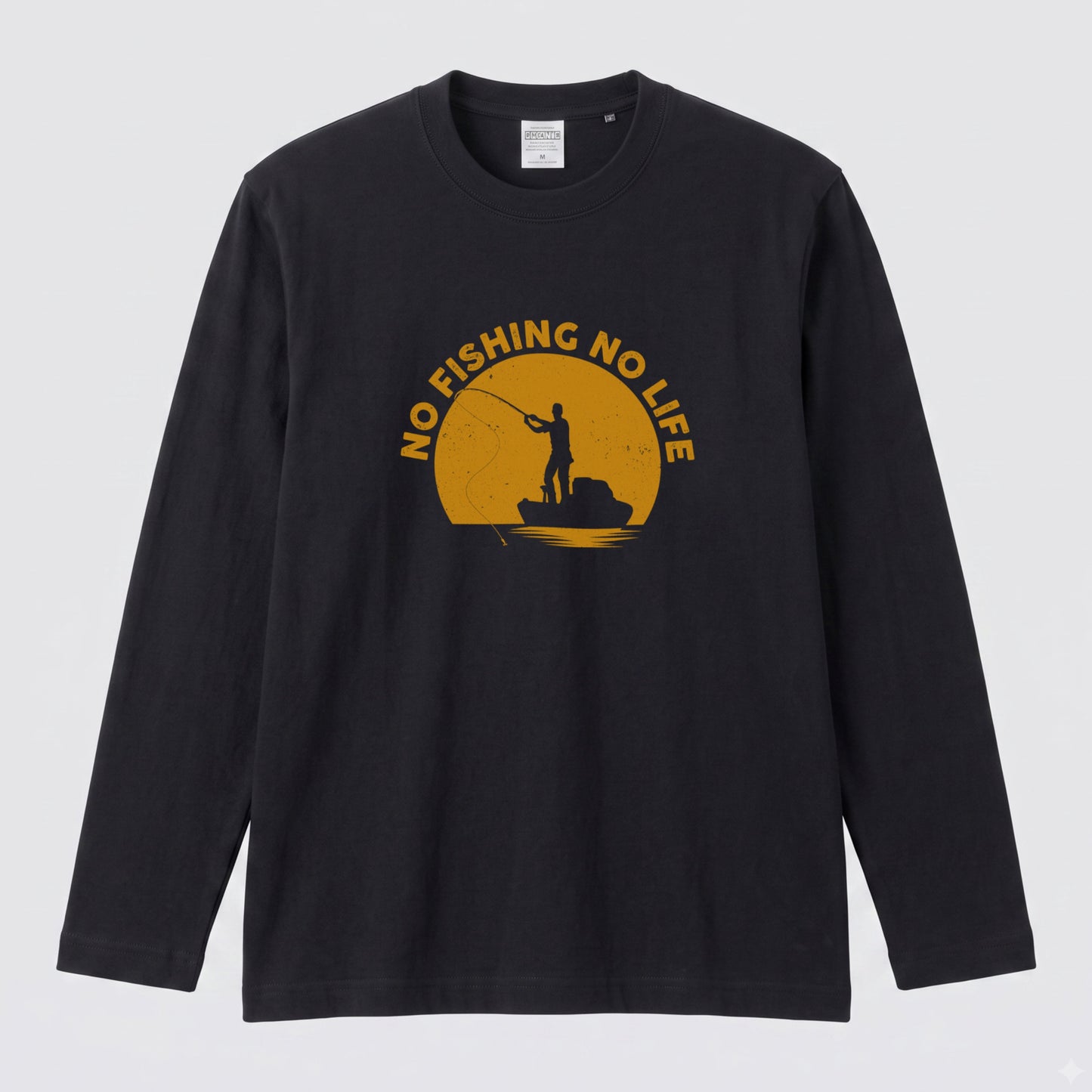 NO FISHING NO LIFE | 釣り イラスト サンセット アングラー 英字ロゴ 長袖Tシャツ【釣り好き・海釣り・バス釣り・プレゼントに最適】