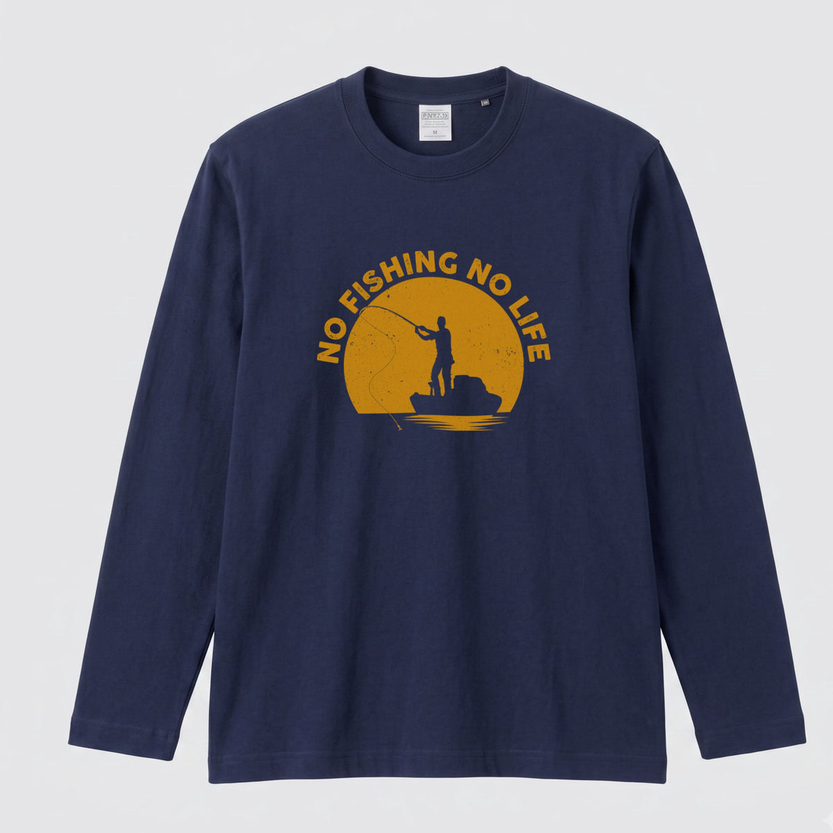 NO FISHING NO LIFE | 釣り イラスト サンセット アングラー 英字ロゴ 長袖Tシャツ【釣り好き・海釣り・バス釣り・プレゼントに最適】