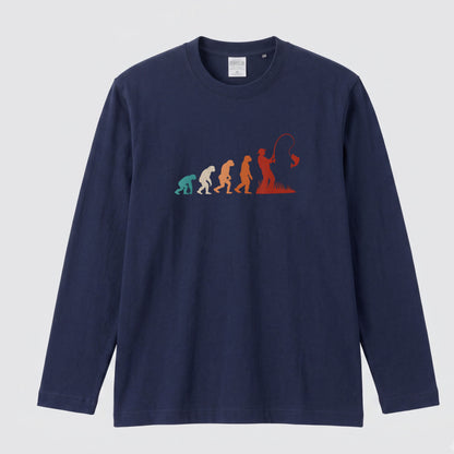 EVOLUTION | 釣り人 進化 イラスト レトロ カラフル シンプル 長袖Tシャツ【釣り男子・釣りガール・ルームウェア・ギフト】