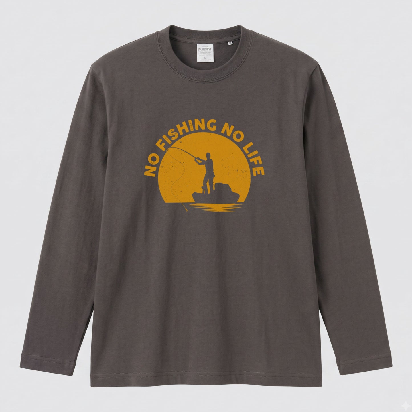 NO FISHING NO LIFE | 釣り イラスト サンセット アングラー 英字ロゴ 長袖Tシャツ【釣り好き・海釣り・バス釣り・プレゼントに最適】